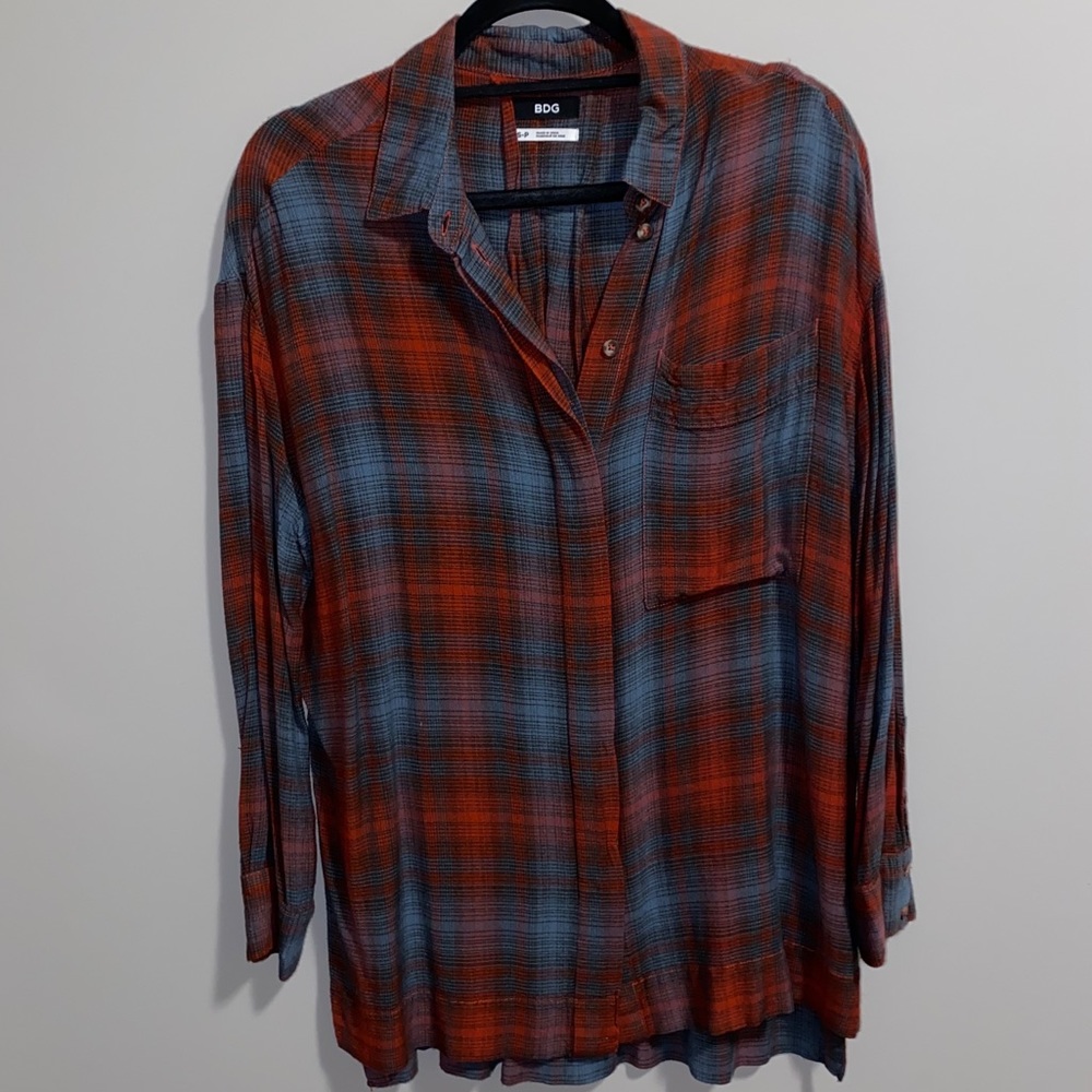 BDG orange and blue plaid button up shirt